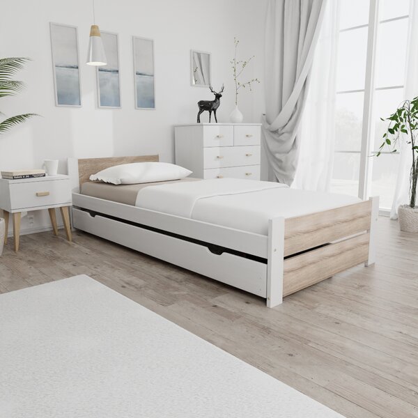 Łóżko IKAROS DOUBLE 90 x 200 cm, biały/dąb sonoma Stelaż: Ze stelażem listwowym rolowanym, Materac: Bez materaca