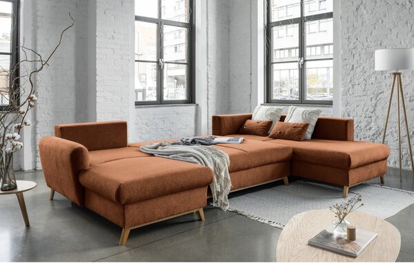 Ceglasta rozkładana sofa w kształcie litery "U" Miuform Scandic Lagom, prawostronna