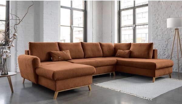 Ceglasta rozkładana sofa w kształcie litery "U" Miuform Scandic Lagom, prawostronna