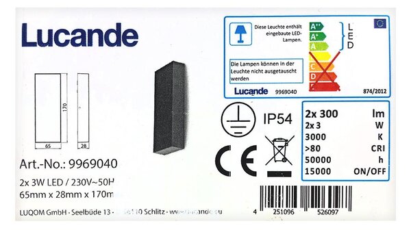 Lucande Lucande - LED Kinkiet zewnętrzny CORDA 2xLED/3W/230V IP54 LW0264