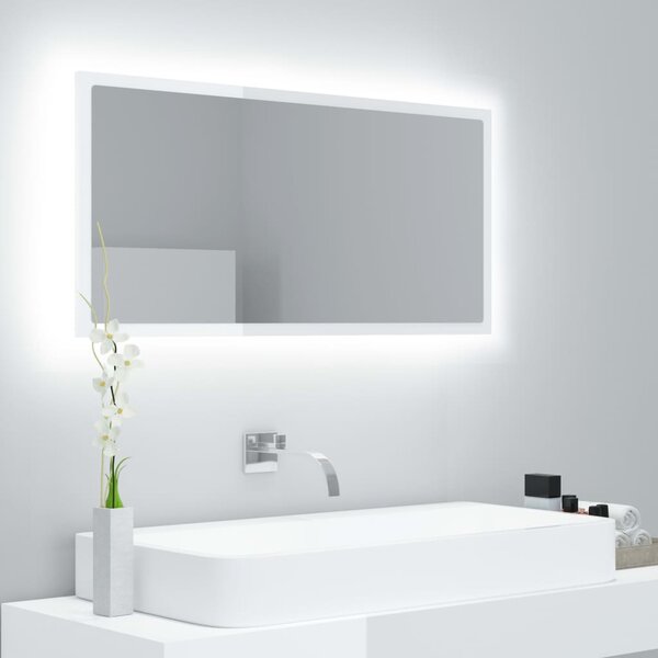 Lustro łazienkowe LED, wysoki połysk, białe, 90x8,5x37cm, akryl
