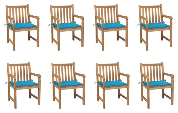 Krzesła ogrodowe, 8 szt., niebieskie poduszki, drewno tekowe