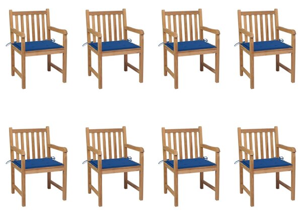Krzesła ogrodowe, 8 szt., kobaltowe poduszki, drewno tekowe