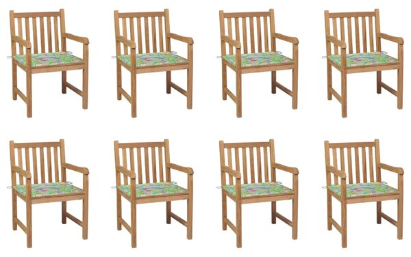 Krzesła ogrodowe, 8 szt., z poduszkami w liście, drewno tekowe