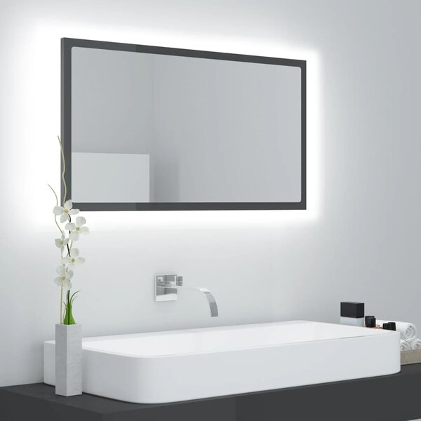 Lustro łazienkowe LED, wysoki połysk, szare, 80x8,5x37cm, akryl