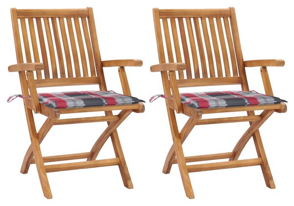 Krzesła ogrodowe, 2 szt., poduszki w czerwoną kratę, tekowe