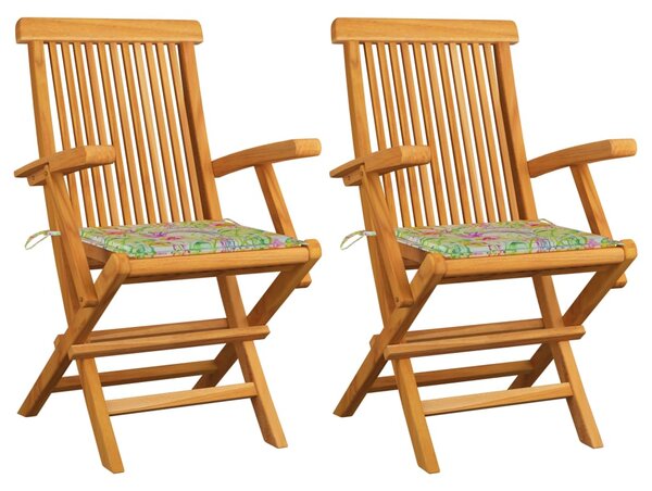 Krzesła ogrodowe z poduszkami w liście, 2 szt., drewno tekowe