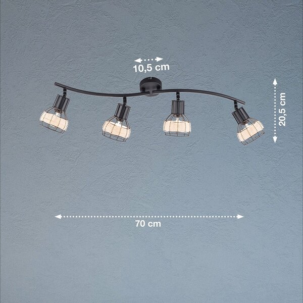 Czarna lampa sufitowa z metalowo-rattanowym kloszem 10,5x70 cm Straw – Fischer & Honsel