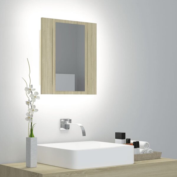 Szafka łazienkowa z lustrem i LED, dąb sonoma, 40x12x45, akryl
