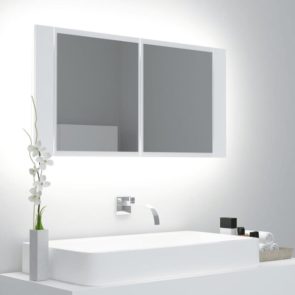 Szafka łazienkowa z lustrem i LED, biała, 90x12x45 cm, akryl