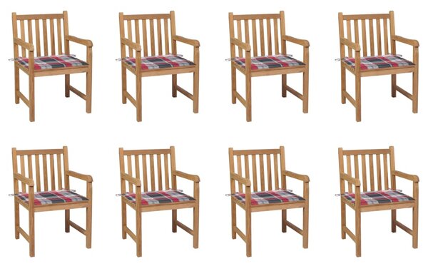 Krzesła ogrodowe, 8 szt., z poduszkami w czerwoną kratkę, tek