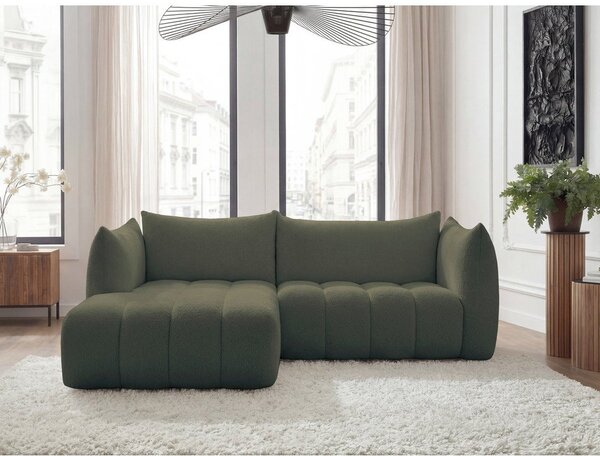 Zielony narożnik z materiału bouclé (lewostronny/z szezlongiem) Azra – Bobochic Paris