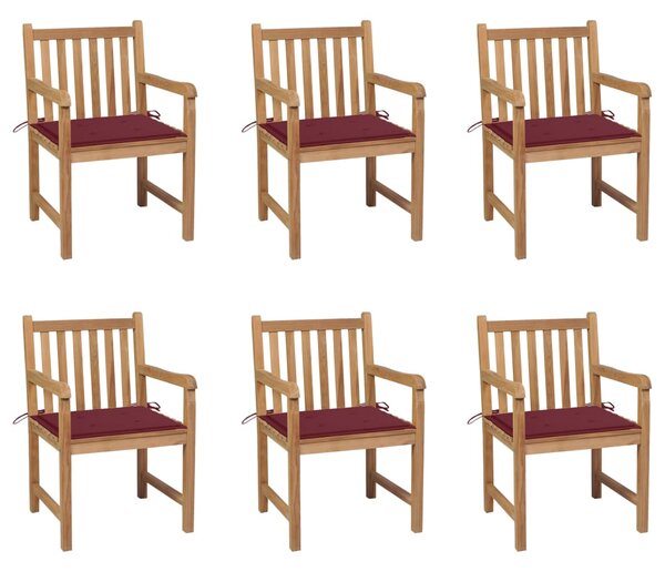 Krzesła ogrodowe, czerwone poduszki, 6 szt., lite drewno tekowe