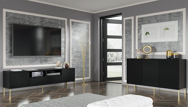 Szafka pod TV w stylu glamour czarny mat + złote nóżki T4-C00