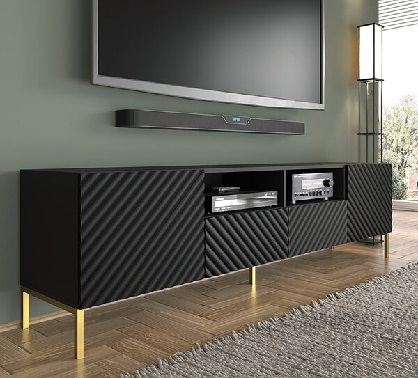 Szafka pod TV w stylu glamour czarny mat + złote nóżki T4-C00