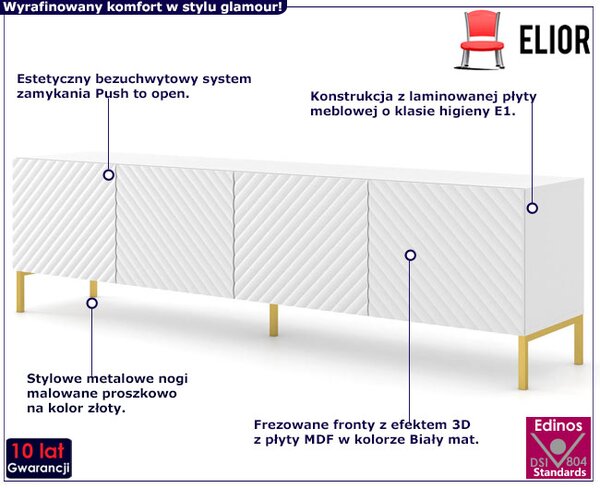 Szafka rtv z półkami biały mat + złote nóżki D8-A10