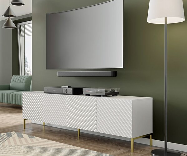 Szafka rtv w stylu glamour biały połysk + złote nóżki H6-W10