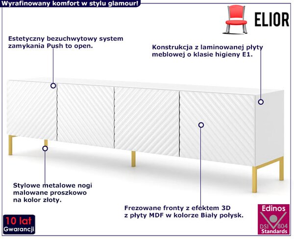 Szafka rtv w stylu glamour biały połysk + złote nóżki H6-W10
