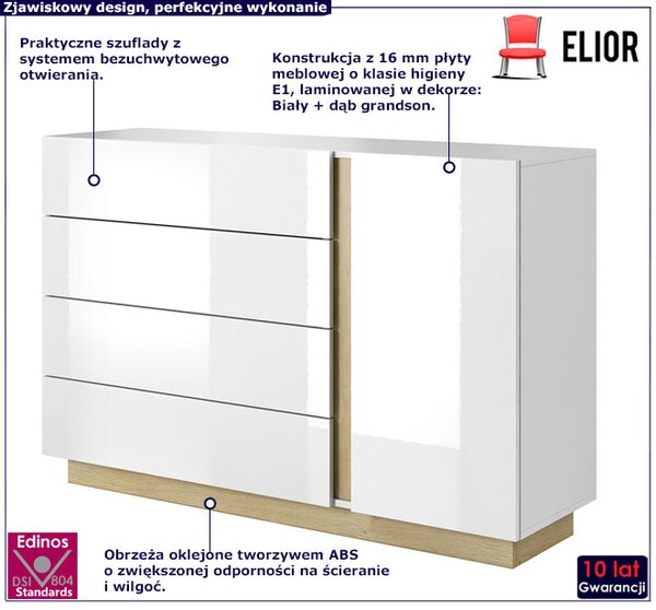 Komoda Z Biały Szufladami + Dąb Grandson L0-E41