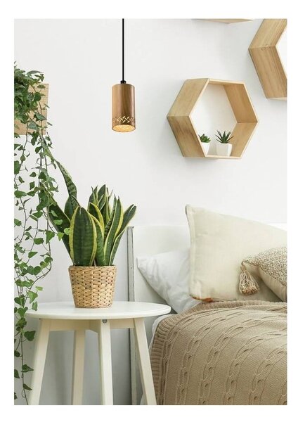 Czarna lampa wisząca z drewnianym kloszem ø 7 cm Tubo – Candellux Lighting