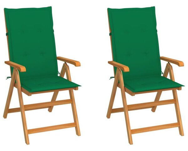 Krzesła ogrodowe z zielonymi poduszkami, 2 szt., drewno tekowe