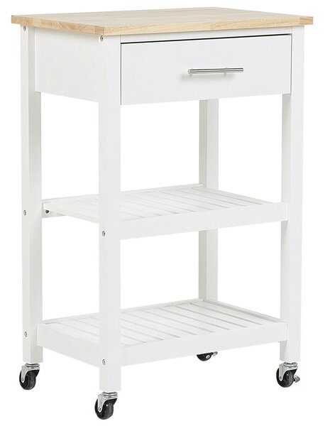 Wózek kuchenny biały z drewnianym blatem 50 x 48 cm szuflada 2 półki Hiuma Beliani