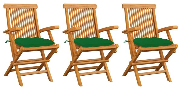 Krzesła ogrodowe, zielone poduszki, 3 szt., lite drewno tekowe