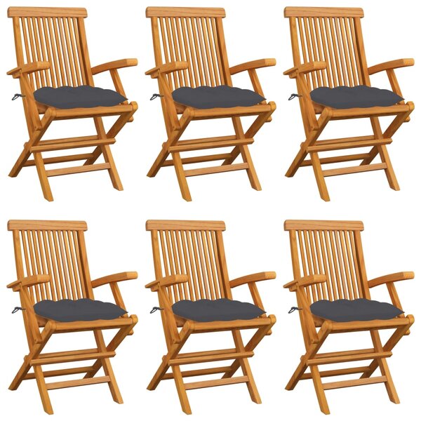 Krzesła ogrodowe, antracytowe poduszki, 6 szt., drewno tekowe