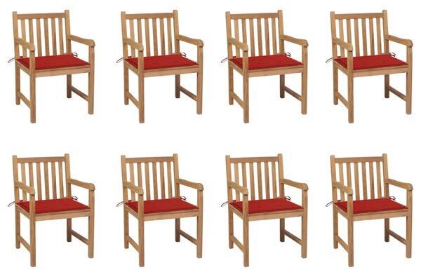 Krzesła ogrodowe, 8 szt., czerwone poduszki, drewno tekowe