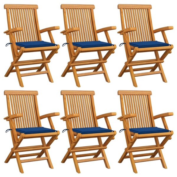 Krzesła ogrodowe, kobaltowe poduszki, 6 szt., drewno tekowe