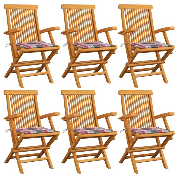 Krzesła ogrodowe z poduszkami w czerwoną kratę, 6 szt., tekowe