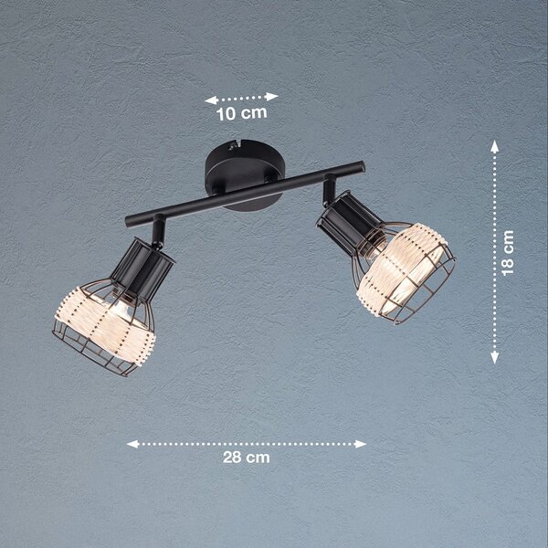 Czarna lampa sufitowa z metalowo-rattanowym kloszem 10x28 cm Straw – Fischer & Honsel