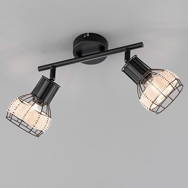 Czarna lampa sufitowa z metalowo-rattanowym kloszem 10x28 cm Straw – Fischer & Honsel