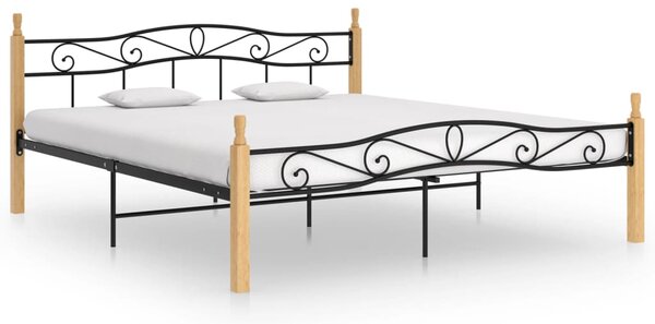 Rama łóżka, czarny metal i lite drewno dębowe, 200x200 cm