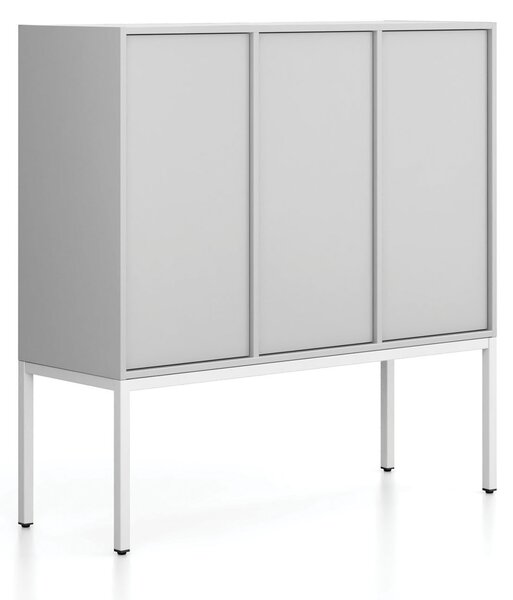 Szafa biurowa FRAME, niska, podstawa biała, 3x drzwi, 1299 x 450 x 1331 mm, PUSH-lock, szary