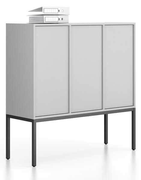 Szafa biurowa FRAME, niska, czarna podstawa, 3x drzwi, 1299 x 450 x 1331 mm, PUSH-lock, szary