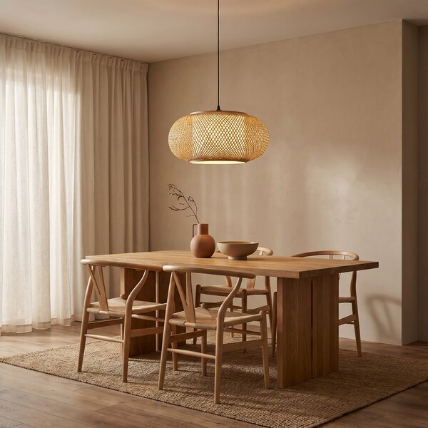 Lampa Wisząca Lindby, Romaine, ściemnialny, drewniany, salon, bambus, skandynawski