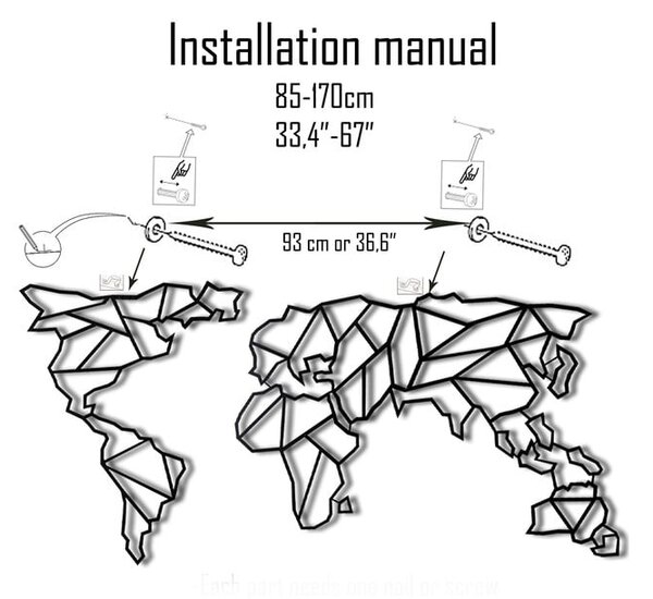 Metalowa dekoracja ścienna Map Of The World Clear, 85x170 cm