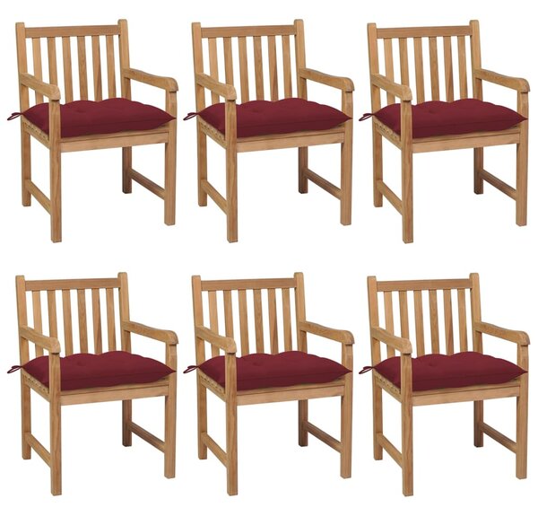 Krzesła ogrodowe z bordowymi poduszkami, 6 szt., drewno tekowe