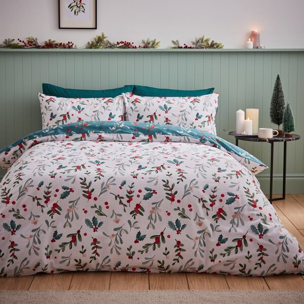 Biało-zielona flanelowa pościel dwuosobowa 200x200 cm Holly and Mistletoe – Catherine Lansfield