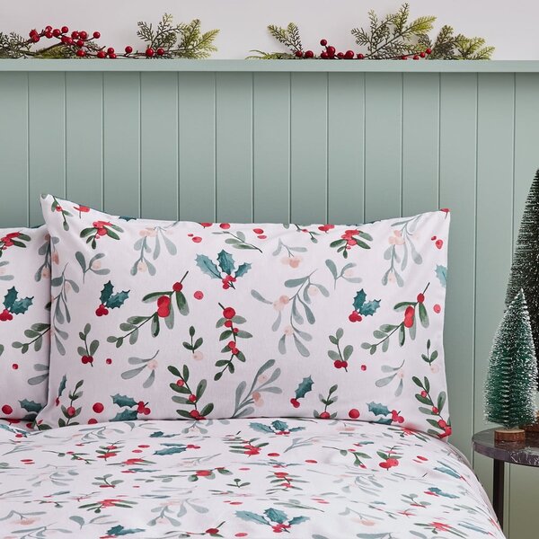 Biało-zielona flanelowa pościel dwuosobowa 200x200 cm Holly and Mistletoe – Catherine Lansfield