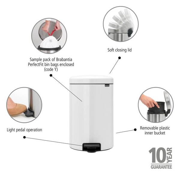 Biały stalowy kosz na śmieci z pedałem 20 l NewIcon – Brabantia