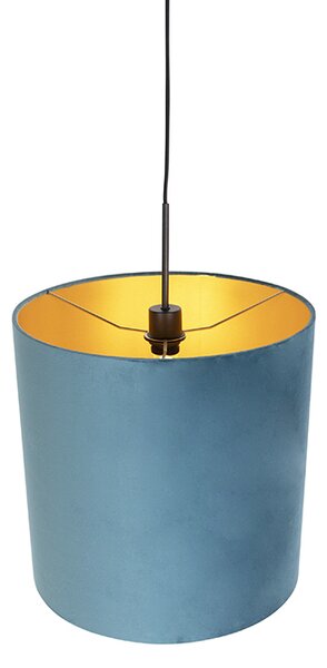Lampa wisząca z abażurem z niebieskiego weluru ze złotem 40 cm - Combi