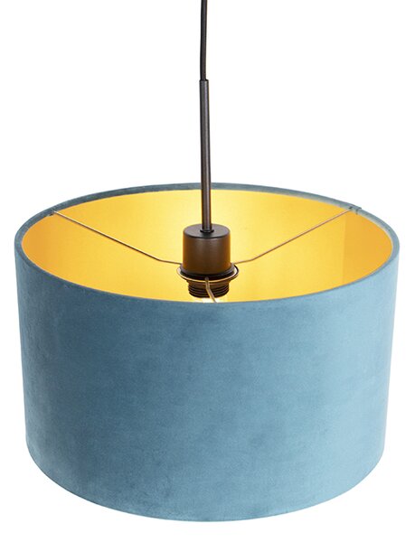 Lampa wisząca z niebieskim abażurem z weluru ze złotem 35 cm - Combi