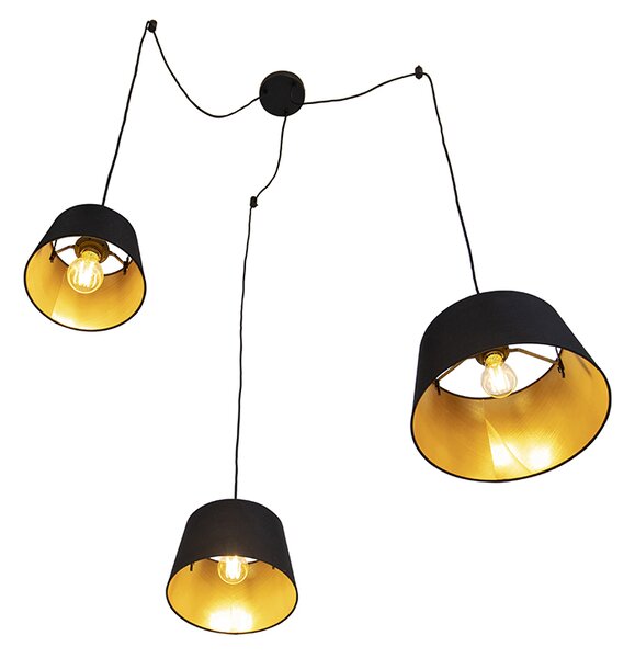 Lampa wisząca z 3 czarnymi i złotymi abażurami z bawełny - Cava