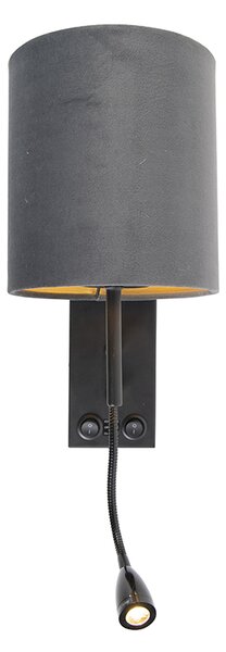 Lampa ścienna w stylu art deco czarna z abażurem z ciemnoszarego weluru - Stacca