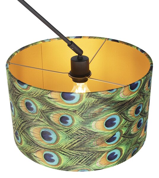 Lampa wisząca czarna z abażurem z aksamitu w kolorze pawia ze złotem 35 cm - Blitz