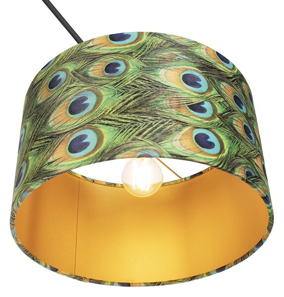 Lampa wisząca czarna z abażurem z aksamitu w kolorze pawia ze złotem 35 cm - Blitz
