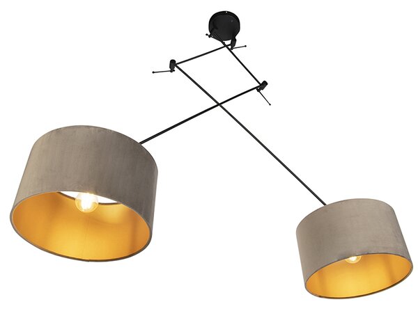 Lampa wisząca czarna z abażurami z weluru w kolorze taupe ze złotem 35 cm 2-światłowa - Blitz