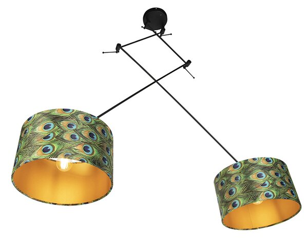 Lampa wisząca czarna z abażurami z aksamitu w kolorze pawia ze złotem 35 cm 2-światłowa - Blitz